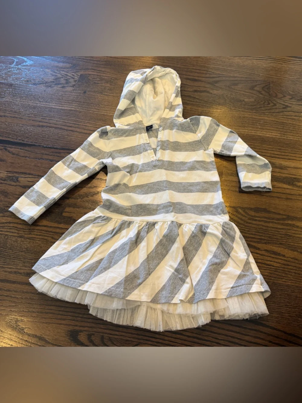 GAP White and Gray Striped Hoodie Dress with tulle